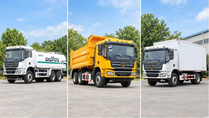 SAGMOTO X5 model range with water tanker, dump truck and box cargo truck